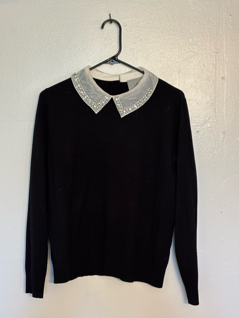 Black Crewneck Sweater with Embellished White Collar - Women